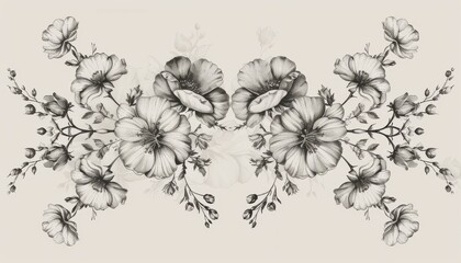 Vintage Floral Symmetry, A delicate symmetrical floral design with vintage motifs, featuring detailed flowers and classic symmetry in grayscale, perfect for creating a nostalgic and refined aesthetic.