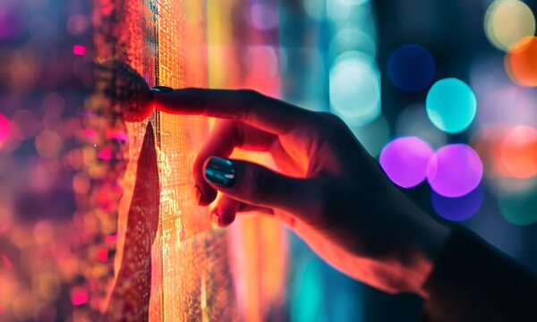 Interacting with Digital Data: A Woman's Finger on a Vibrant Interactive Display