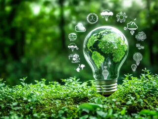 Fototapeta premium Green map in light bulb with renewable energy icon. Carbon emission low neutral