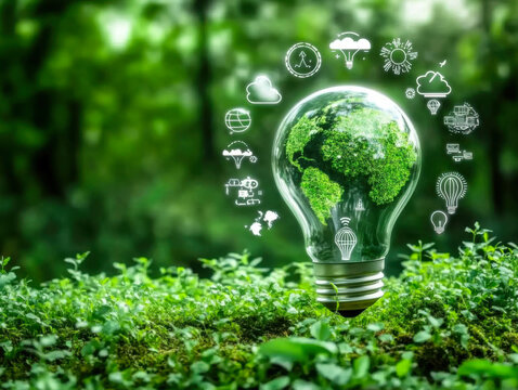 Green map in light bulb with renewable energy icon. Carbon emission low neutral