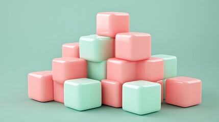 Obraz premium Abstract 3D render of pink and mint cubes arranged in a stacked pattern
