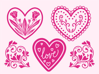 Seet of five pink heart designs featuring floral patterns, swirls, and the word "love" in a hand-drawn style. Perfect for Valentine's Day, greeting cards, and romantic-themed designs.