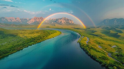 Obraz premium 山々と共に描かれる虹の空撮4