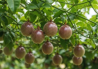 Ripe passion fruits hanging in lush greenery of a tropical garden