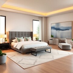Fototapeta premium a serene and modern bedroom, characterized by its elegant design and calming color palette. Bed, Artwork, Lighting, Seating Area, Plant Decor, Flooring, Windows.