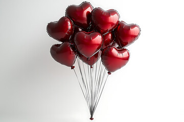 Cluster of shiny red heart-shaped balloons floating on a clean white background, ideal for Valentine’s Day, love-themed celebrations, and festive designs