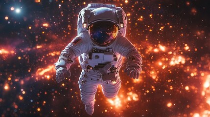 Fototapeta premium An astronaut floats through a vibrant cosmic scene filled with stars and colorful nebulae.