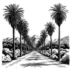 Monochrome Ink Drawing of a Palm Tree-Lined Road Leading to Mountains.