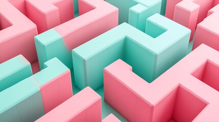Fototapeta premium Abstract 3D render of pink and mint cubes forming a symmetrical maze