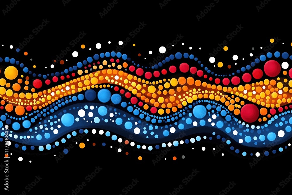 Poster a vibrant abstract design featuring colorful dots in wavy patterns against a black background.
