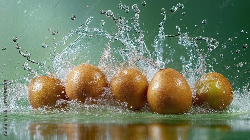Poster golden kiwis splashing into water creating a dynamic scene