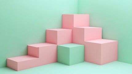 Naklejka premium Abstract 3D render of pink and mint cubes aligned in an abstract staircase
