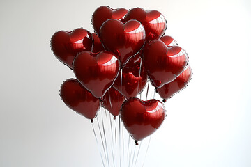 Cluster of shiny red heart-shaped balloons floating on a clean white background, ideal for Valentine’s Day, love-themed celebrations, and festive designs