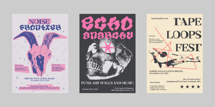 Analog punk poster set, Poster collection for print and social media. Flyer template set, Brutalism poster for band and event. Poster graphic design set
