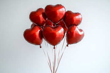 Cluster of shiny red heart-shaped balloons floating on a clean white background, ideal for Valentine’s Day, love-themed celebrations, and festive designs