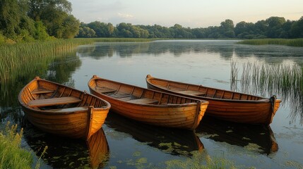 Obraz premium Three wooden boats resting on calm waters surrounded by lush greenery.