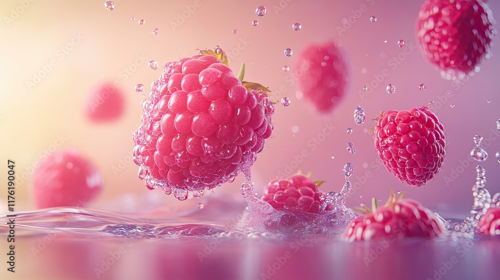 Poster raspberries splashing into water creating a vibrant scene