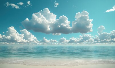A serene beach scene with soft waves and fluffy clouds under a bright blue sky.