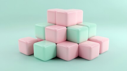 Obraz premium Abstract 3D render of pink and mint cubes stacked in geometric clusters