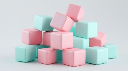 Fototapeta premium Abstract 3D render of pink and mint cubes stacked in geometric clusters