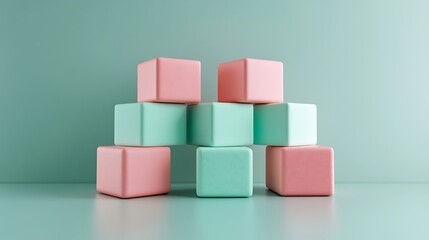 Obraz premium Abstract 3D render of pink and mint cubes stacked in geometric clusters