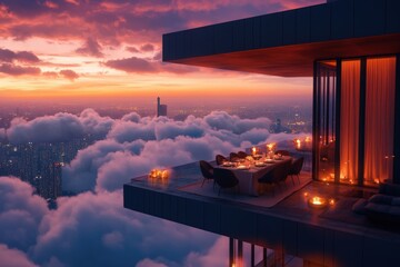 Luxurious rooftop dining experience above the clouds at sunset