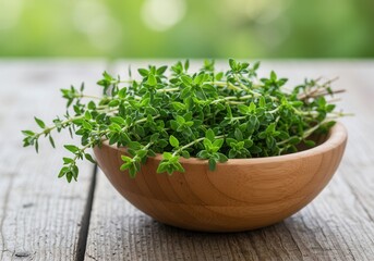 Fototapeta premium Fresh thyme herb in wooden bowl on rustic table background