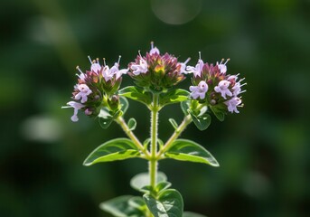 Fototapeta premium Thyme blossoms: close-up of blooming herbal plant with purple flowers in natural light