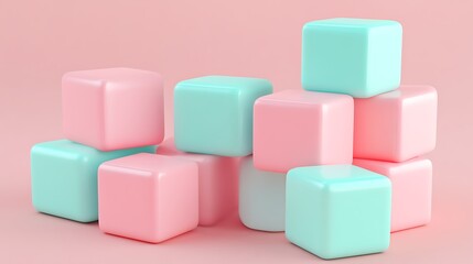 Fototapeta premium Abstract 3D render of pink and mint cubes positioned in varied heights
