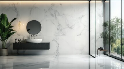 A bathroom with a white marble wall and a black sink
