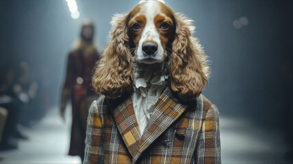 Sophisticated cocker spaniel in vintage plaid suit portrait, Whimsical fashion-forward dog character with theatrical lighting