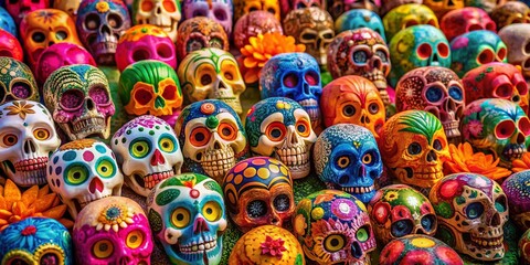 Colorful Mexican Sugar Skull Aerial View, Dia de los Muertos Celebration