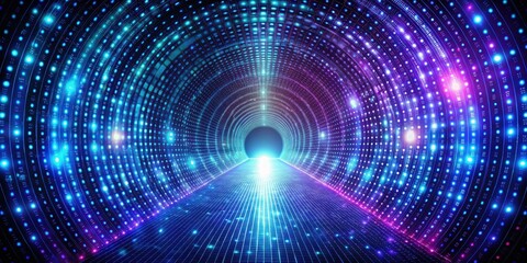Obraz premium A luminous pathway through a vibrant digital tunnel, showcasing a captivating blend of blue and purple hues, punctuated by sparkling light points.