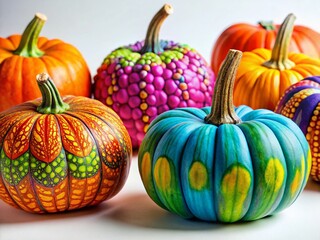 Colorful Pumpkins with Gel Pen Art - Autumn Harvest Still Life