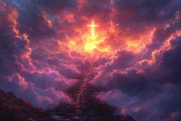 Inspirational spiritual scene with two figures walking toward a glowing cross in the sky, surrounded by vibrant clouds and heavenly light, symbolizing faith and hope