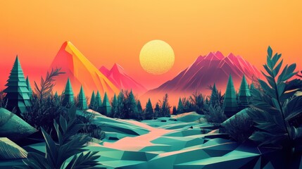 Low Poly Sunset Landscape with Lush Green Foliage and a Golden Sun