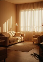 Obraz premium Cozy living room bathed in warm sunlight with elegant sofa and armchair