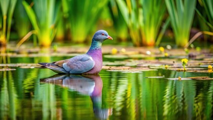 A Solitary Bird Gracefully Navigates the Still Waters of a Tranquil Pond, Its Reflection Mirroring the Lush Greenery Surrounding It