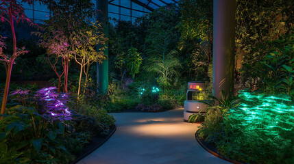A futuristic, luminous garden featuring bioluminescent trees that emit a soft, glowing light. Robots are seen carefully trimming and maintaining the plants, highlighting the harmonious blend of advanc