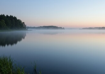 Fototapeta premium Serene dawn mist over tranquil forest lake landscape