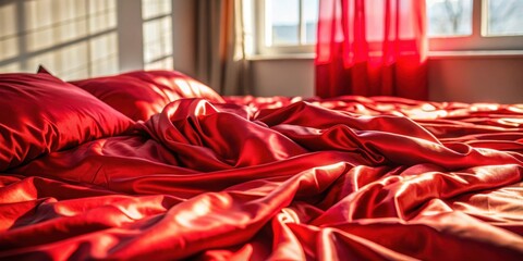 A Red Satin Bedspread Shimmers Under the Warm Glow of Sunlight, Creating a Scene of Tranquility and Luxury