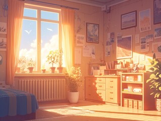 Sunlit bedroom with plants, window, and travel posters.