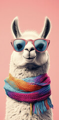 Fototapeta premium A llama wearing a colorful scarf and sunglasses poses against a simple background, with a cute, happy expression in pastel colors.Minimal creative surreal fashion concept with copy space.