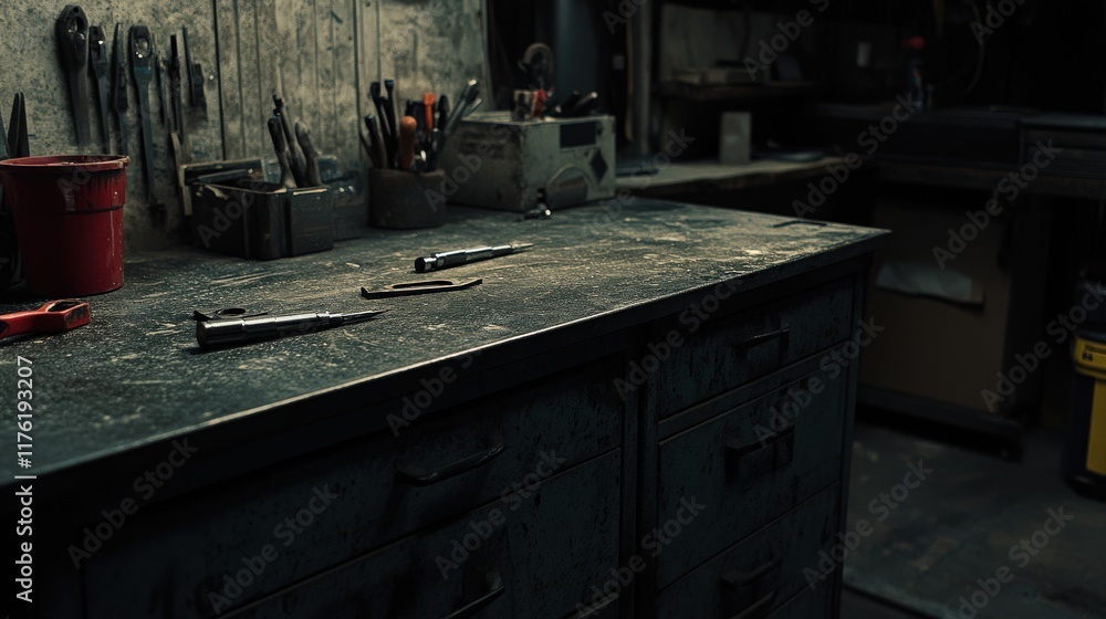 Aufkleber a rustic workshop with vintage tools and a weathered workbench surrounded by workshop equipment and 