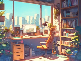Sunlit home office with city view, plants, computer, desk, chair, bookshelves.