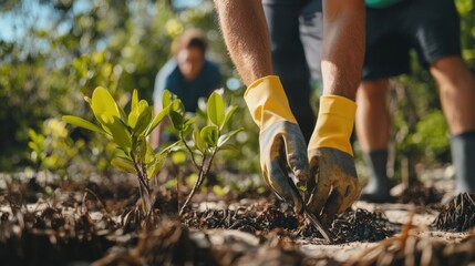 A man is planting a tree in a field
