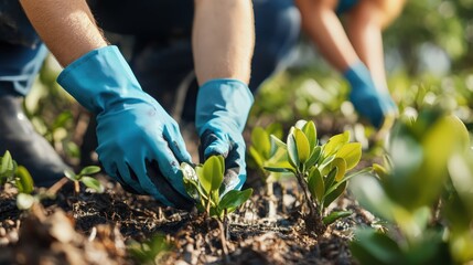 Naklejka premium A man and a woman are planting a tree in a field