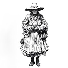 Obraz premium Ink Drawing of an Elderly Woman in a Wide-Brimmed Hat and Long Dress.