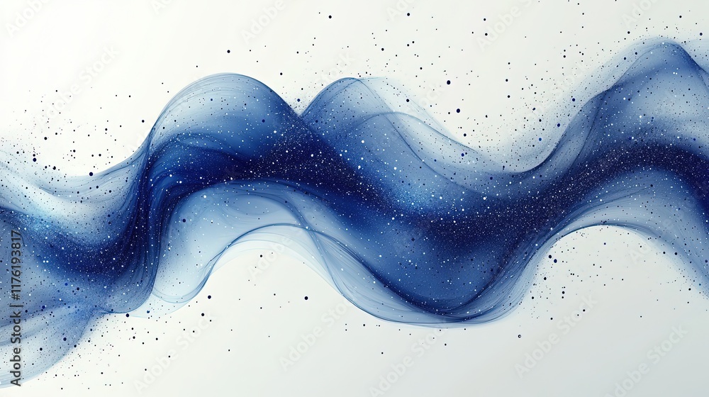 Poster a flowing wave of translucent blue fabric with sparkling particles, creating a serene and artistic v