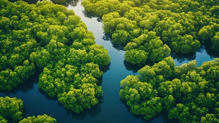 Naklejka premium A lush green forest with a river running through it